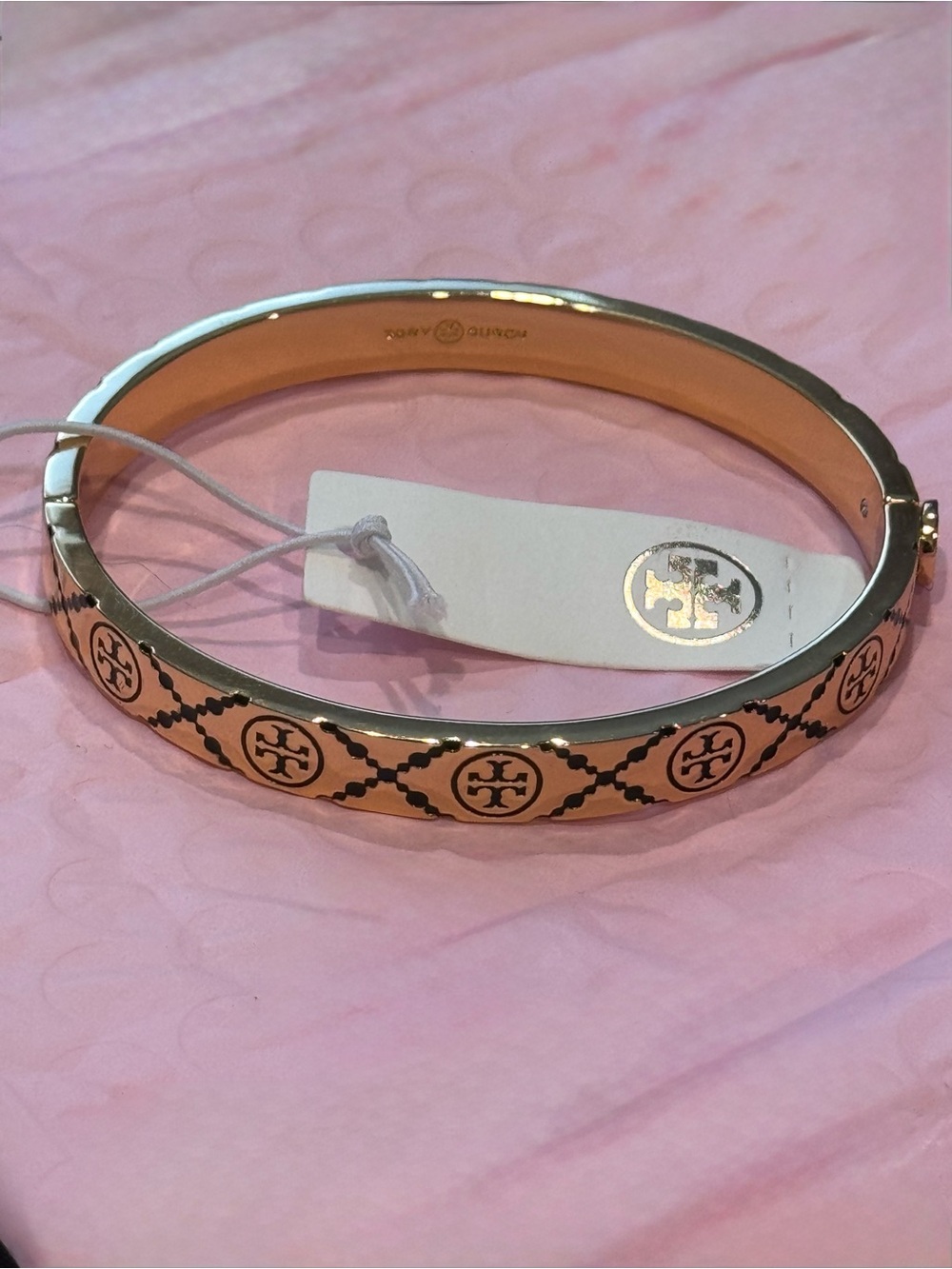 NWT Tory Burch Gold & Black Monogram Enamel Icon Hinge Bangle Bracelet